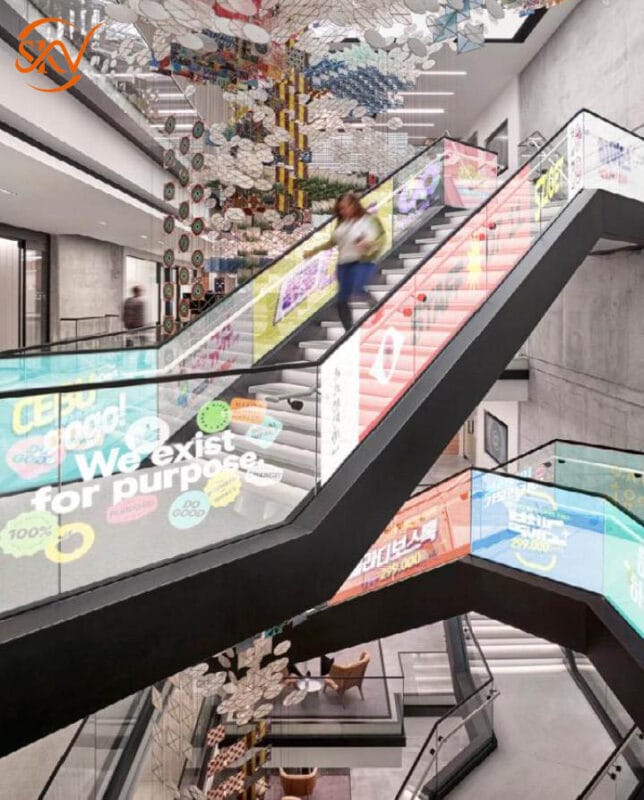 Ứng dụng màn hình dán kính cho cầu thanh kính trung tâm thương mại